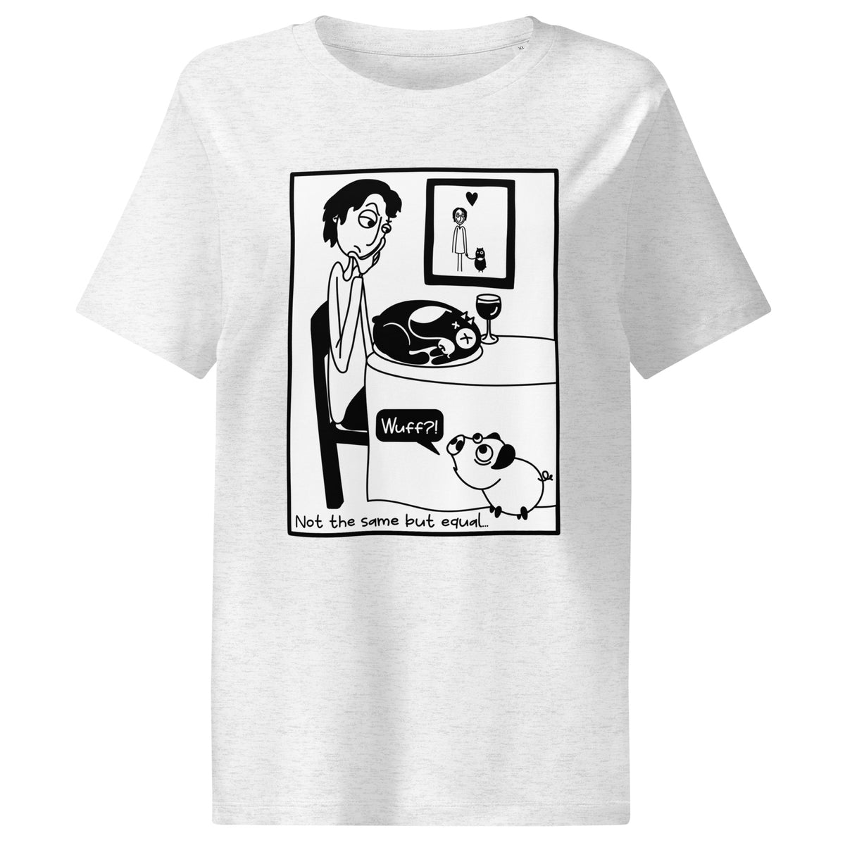 Damen-T-Shirt Cool Heather Grey mit großem Comic-Motiv „Nicht the same but equal“.
