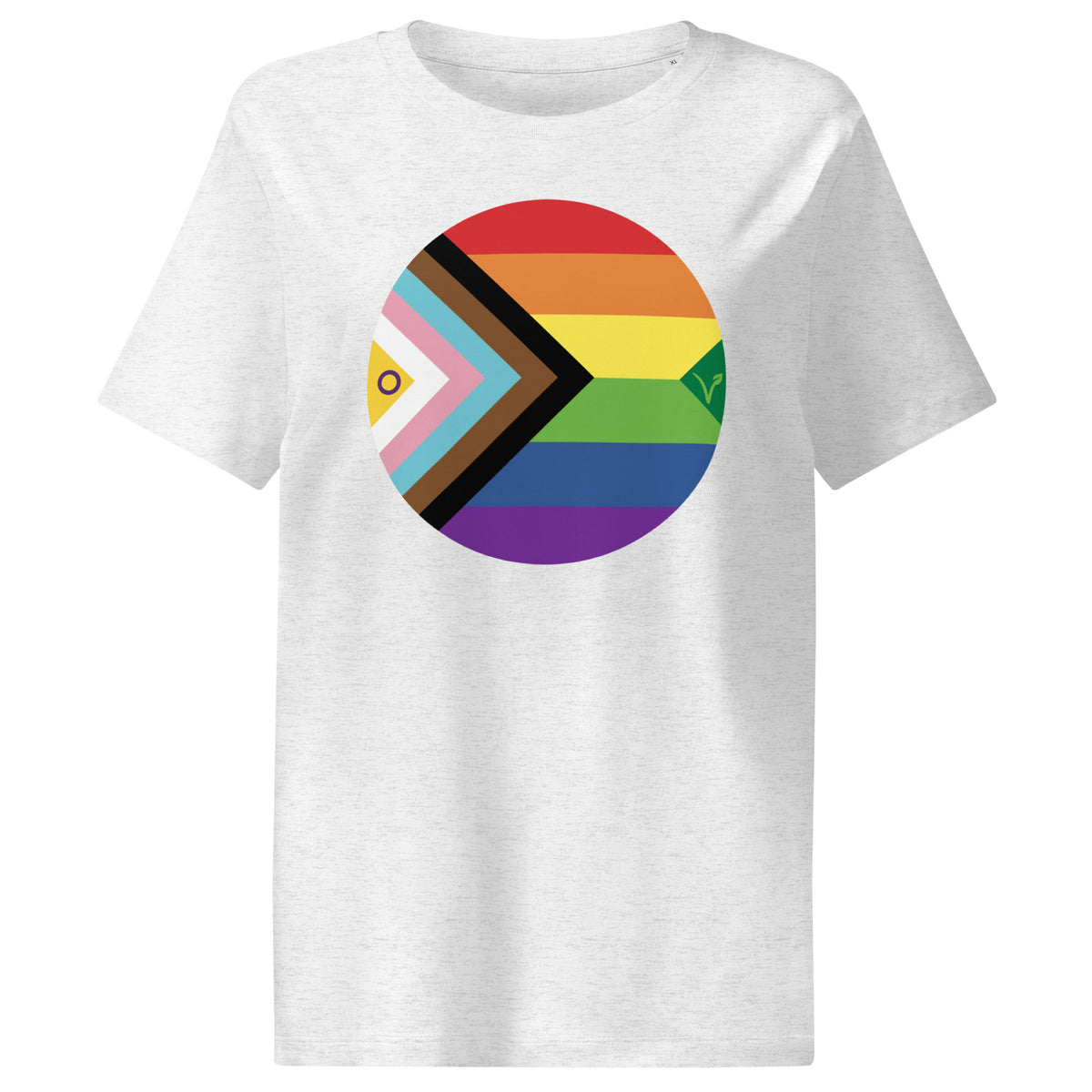 Veganes Bio Damen-T-Shirt, hellgrau meliert, mit rundem Regenbogen-Brustmotiv