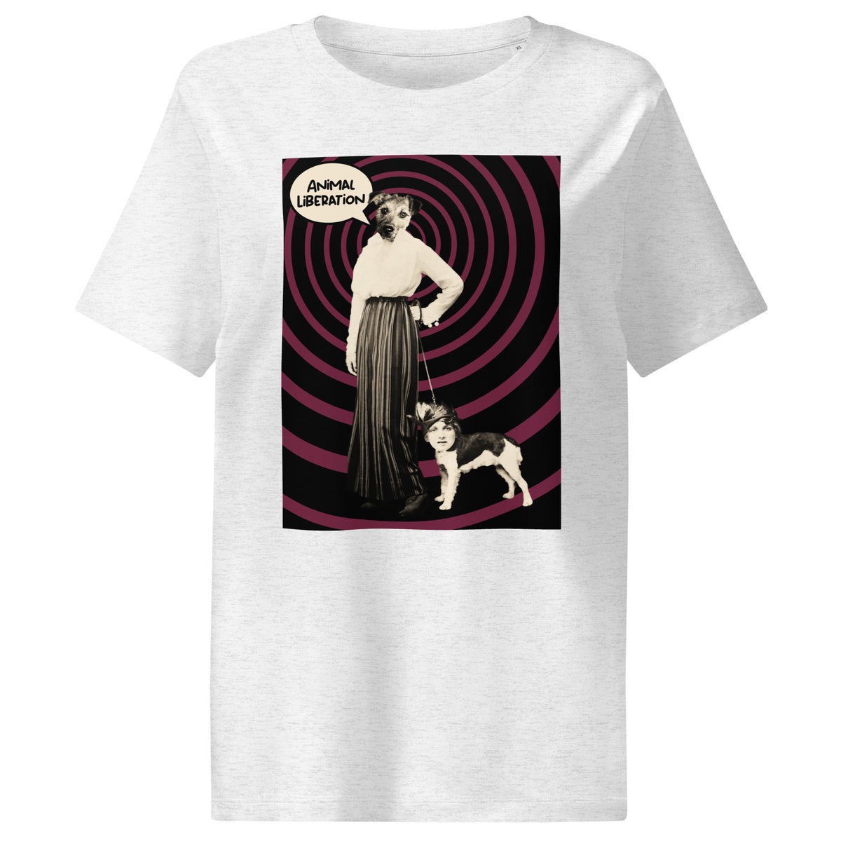 Damen-T-Shirt Cool Heather Grey mit großem Print „Animal Liberation“ (Hund & Figur)