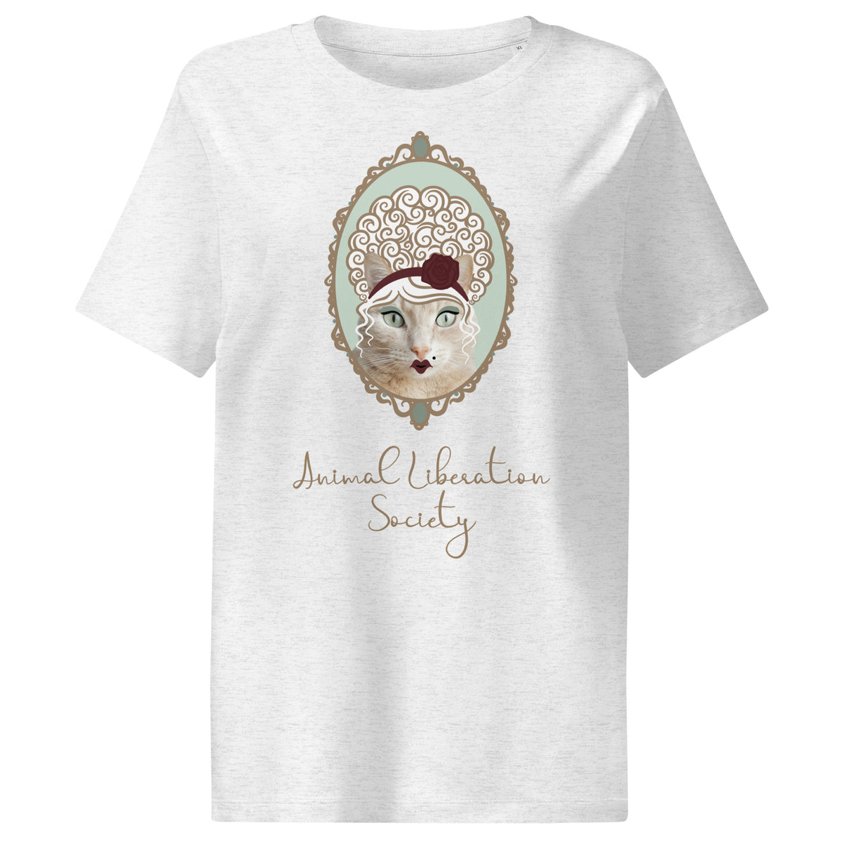 Graues Damen-T-Shirt mit Katzenporträt und Schriftzug „Animal Liberation Society“