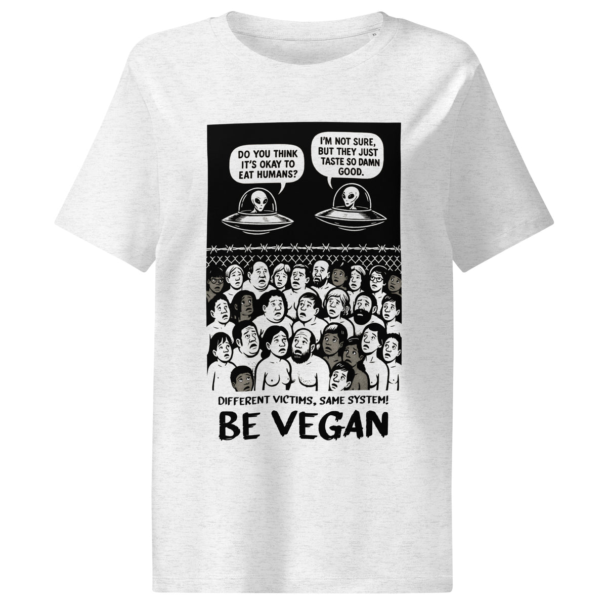 Damen-T-Shirt, helles Off-White, Frontprint „BE VEGAN“ mit Alien-Motiven