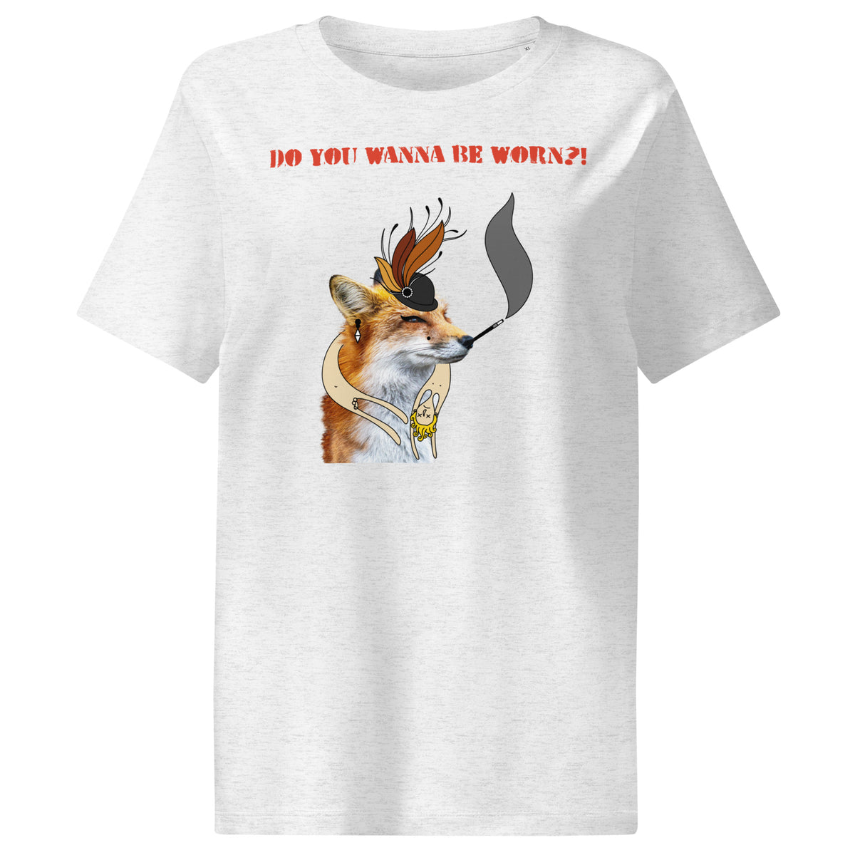 Hellgraues Damen-T-Shirt mit Fuchs-Comicprint und „DO YOU WANNA BE WORN?!“
