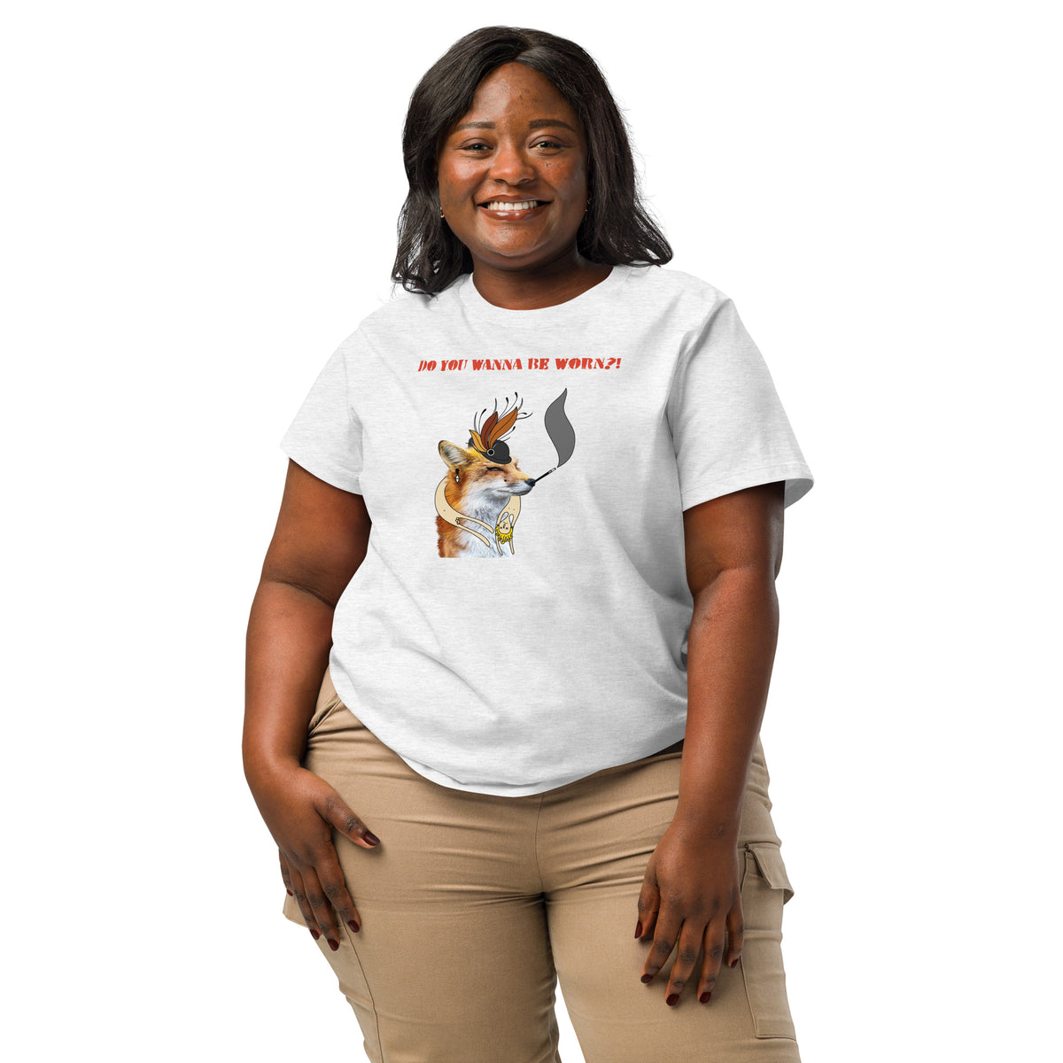 Getragenes grau meliertes Damen-T-Shirt mit Fuchs-Comicprint und „DO YOU WANNA BE WORN?!“