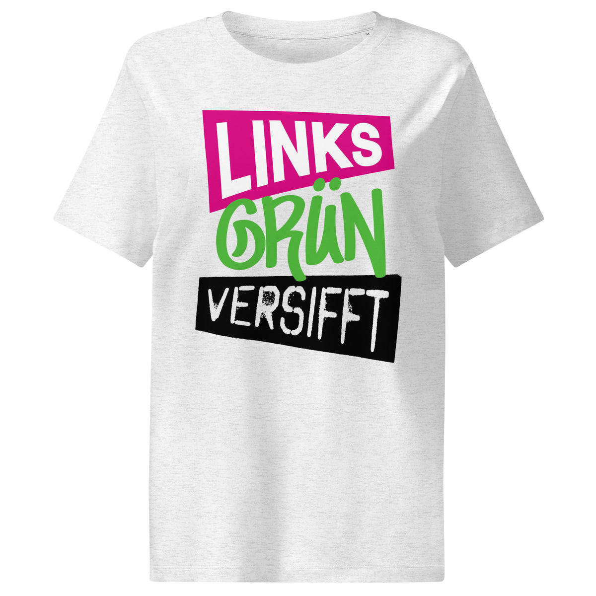 Damen-T-Shirt hellgrau mit mehrfarbigem „LINKS GRÜN VERSIFFT“-Print