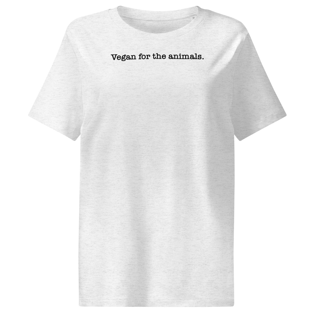 Damen-T-Shirt, hellgrau meliert, Rundhalsausschnitt, kurzer Ärmel, Aufdruck „Vegan for the animals.“