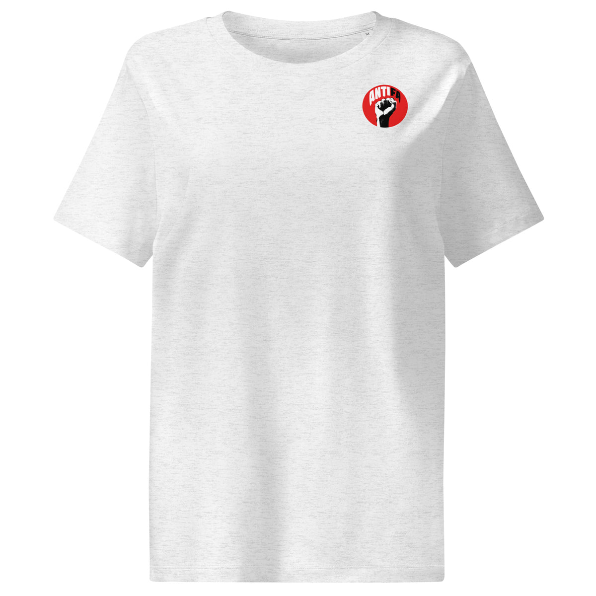 Damen-T-Shirt, hellgrau meliert, Rundhalsausschnitt, ANTIFA-Logo vorn