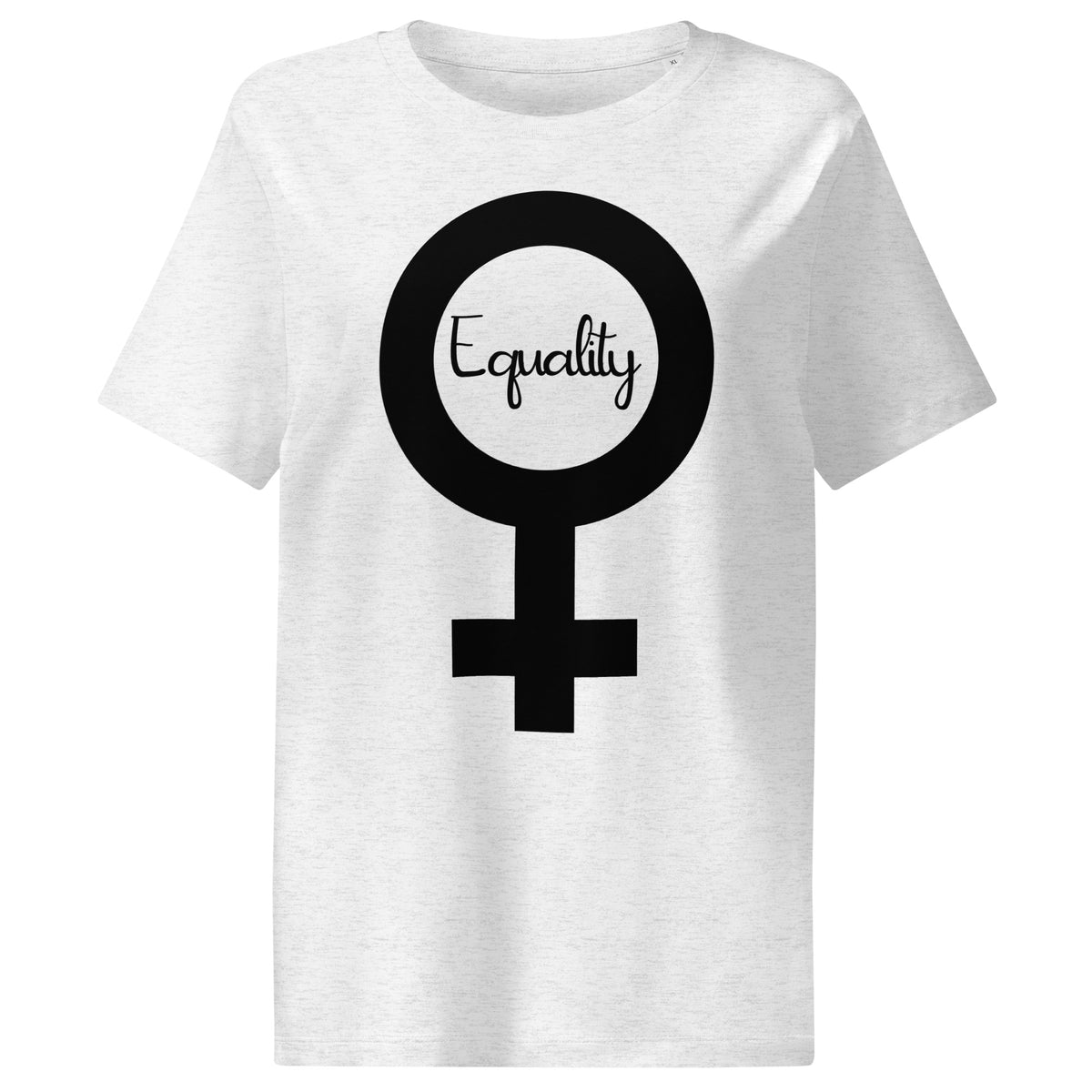 Hellgraues Damen-T-Shirt mit großem schwarzem Symbol und Schriftzug „Equality“
