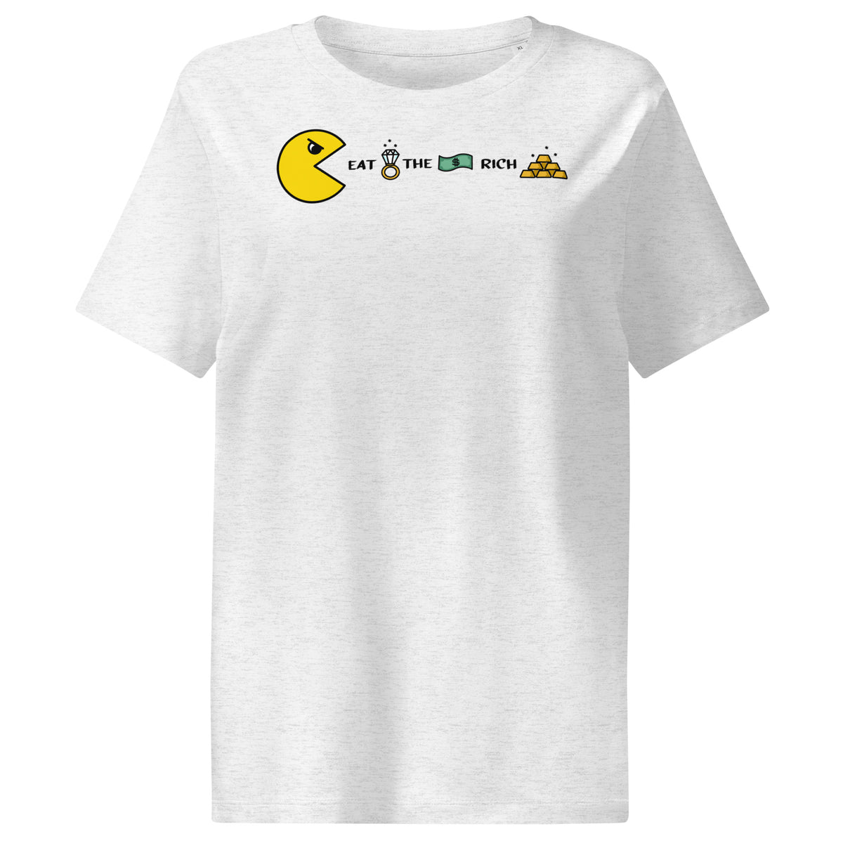 Damen-T-Shirt, hellgrau meliert, Frontprint mit PAC Man und „EAT THE RICH“