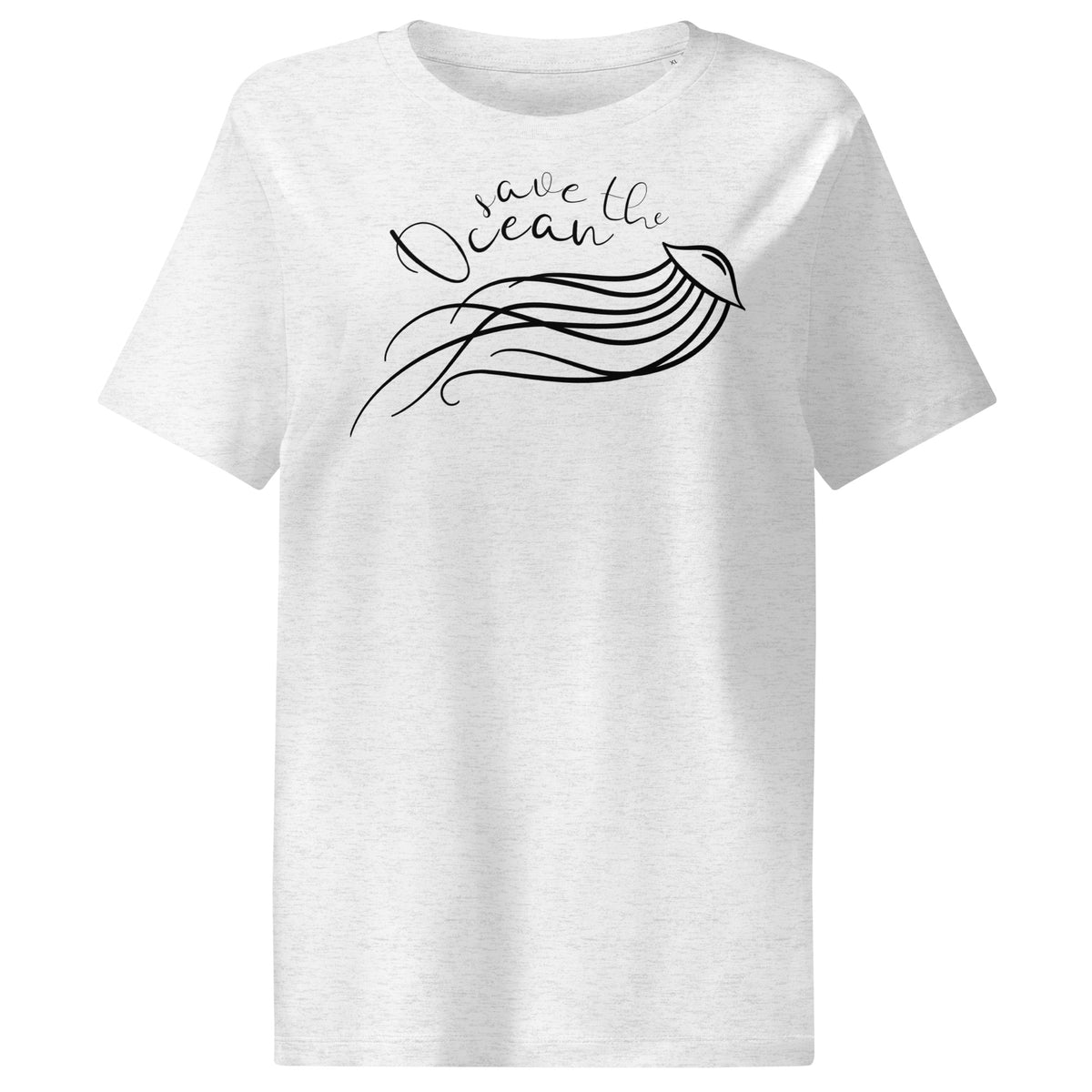Damen-T-Shirt, hellgrau meliert, mit schwarzem Quallen- und Ozean-Motiv
