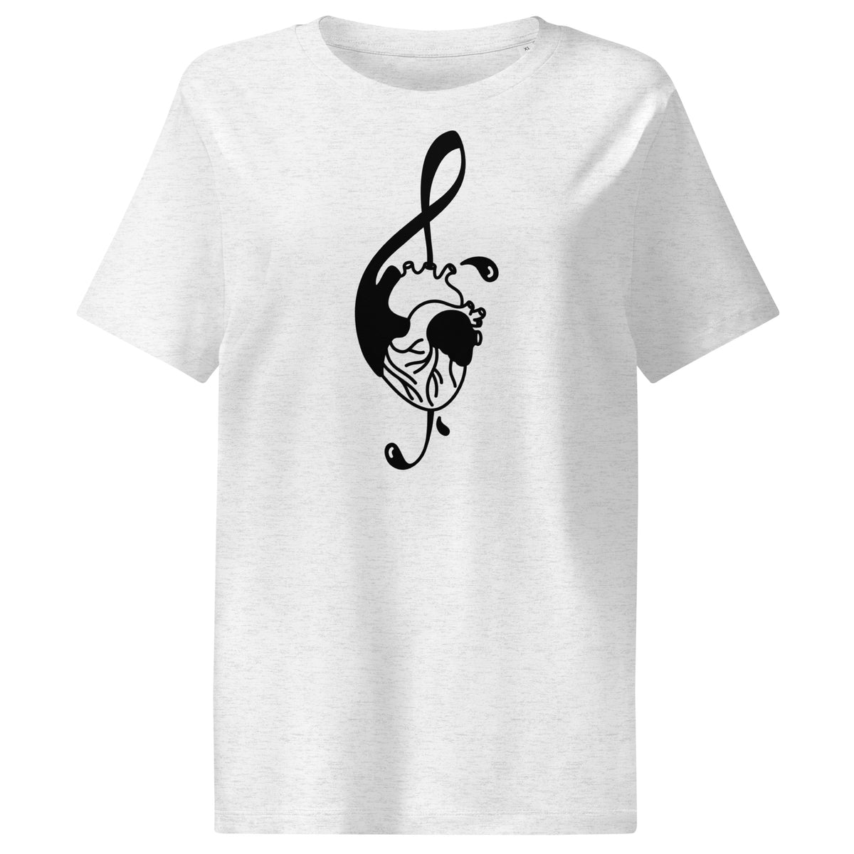 Hellgraues meliertes Damen-T-Shirt mit schwarzem Musiknoten-Katzenkopf-Print