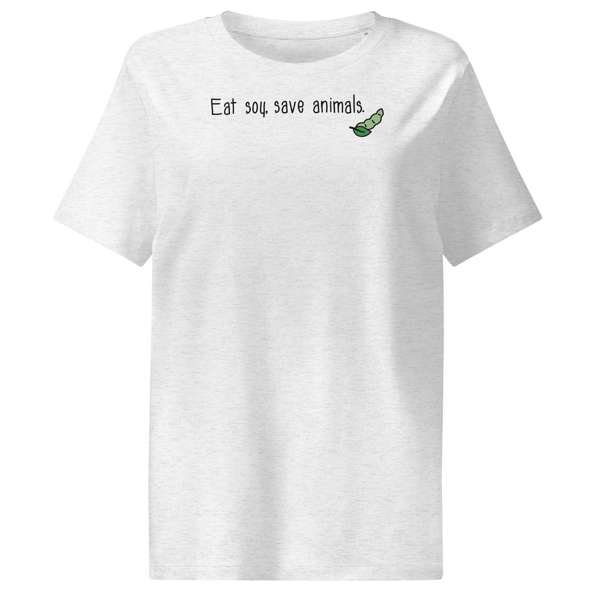 Hellgraues meliertes Damen-T-Shirt mit Aufdruck „Eat soy, save animals“ und grünem Icon