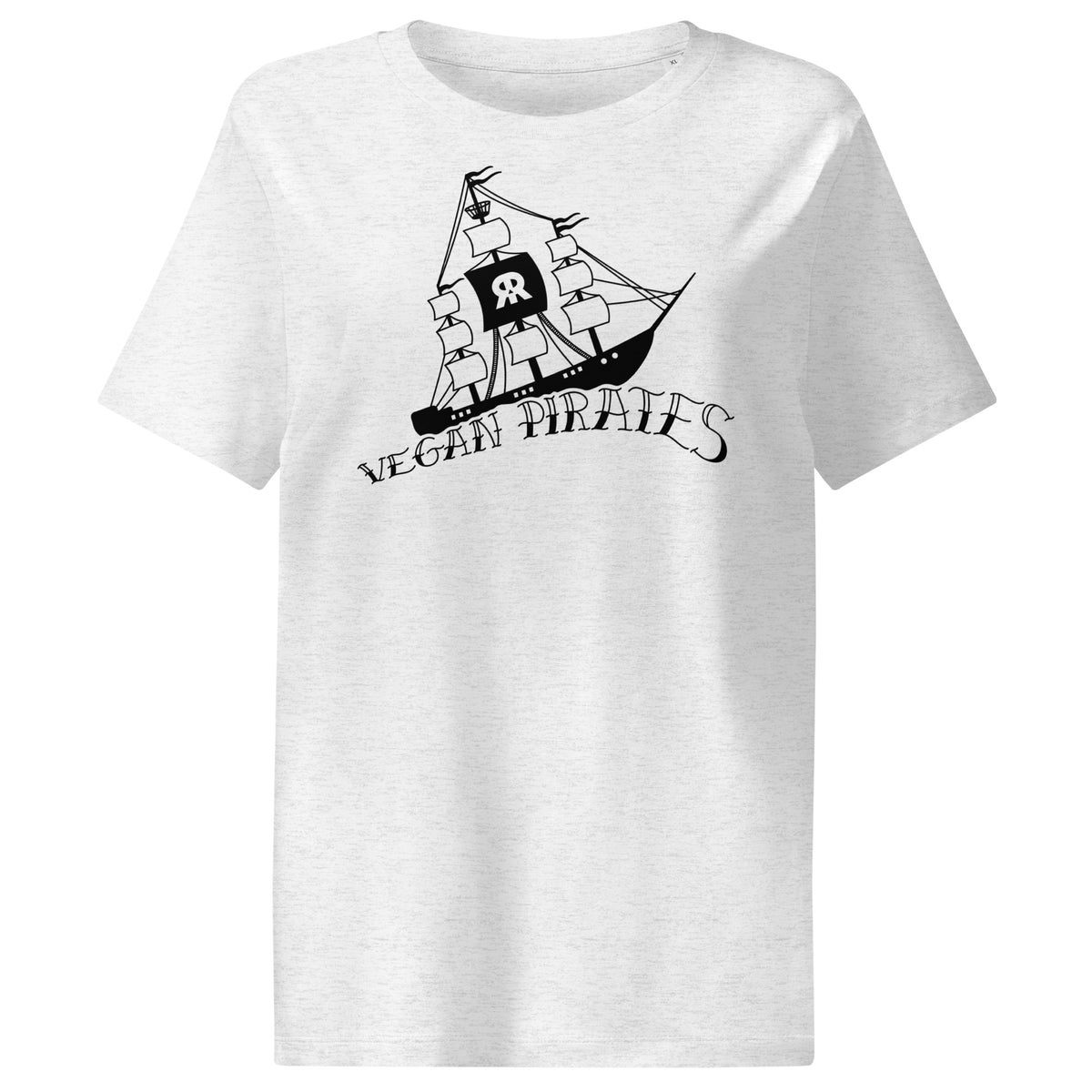 Hellgraues Damen-T-Shirt mit Piratengrafik und Schriftzug „Vegan Pirates“
