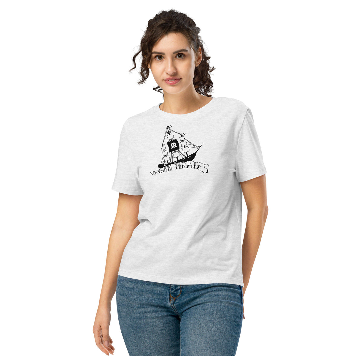 Hellgraues Damen-T-Shirt mit Piraten-Grafik, Rundhals und kurzen Ärmeln