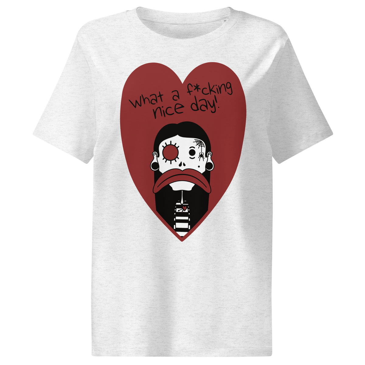 Damen-T-Shirt in Hellgrau mit Front-Print: rotes Dreieck mit Gesicht und Textgrafik
