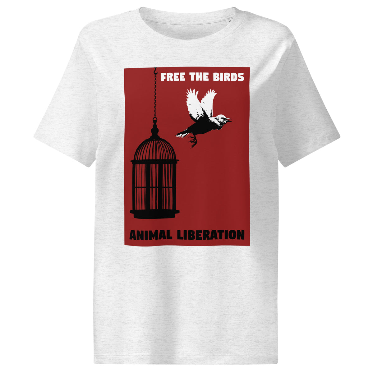 Hellgraues Damen-T-Shirt mit Vogelkäfig-Print und rundem Halsausschnitt