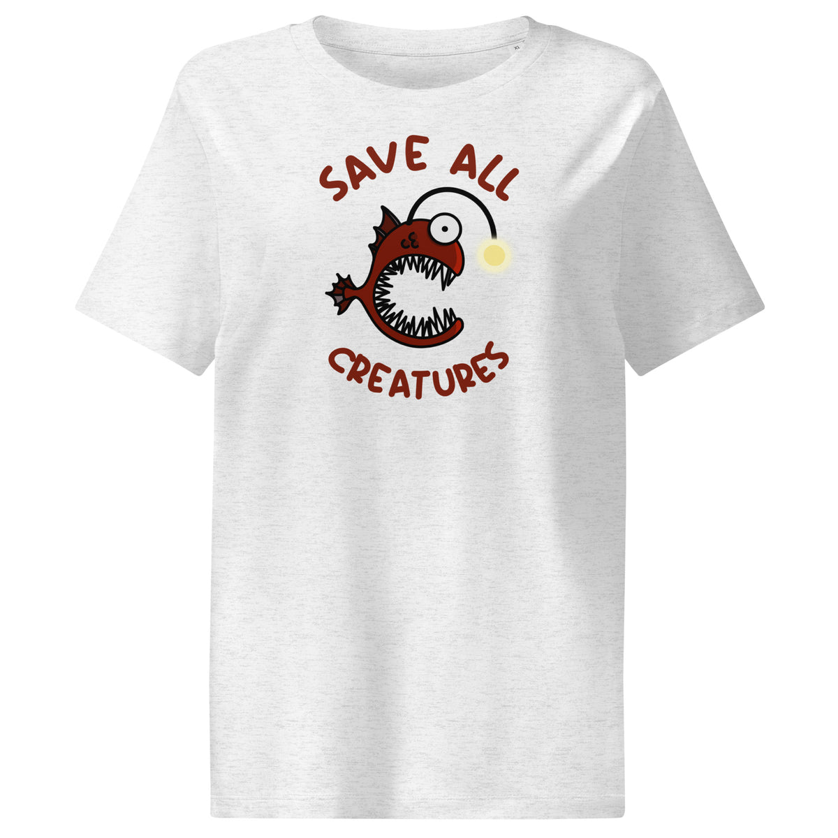 Hellgraues Damen-T-Shirt: Froschfisch-Print im Kreis, „Save All Creatures“