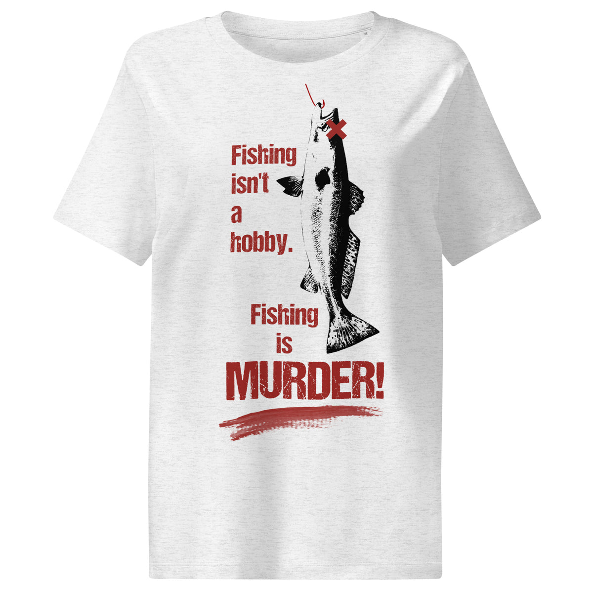 Damen-T-Shirt Off-White mit Angler-Motiv und Aufschrift „Fishing is MURDER!“