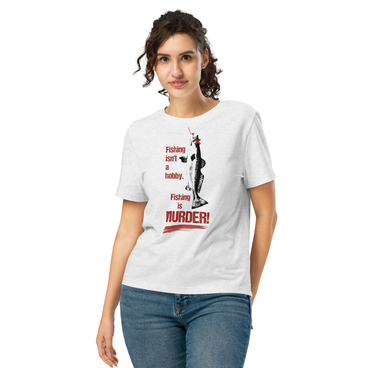 Damen-T-Shirt hellgrau am Modell getragen, mit Angler-Motiv vorn