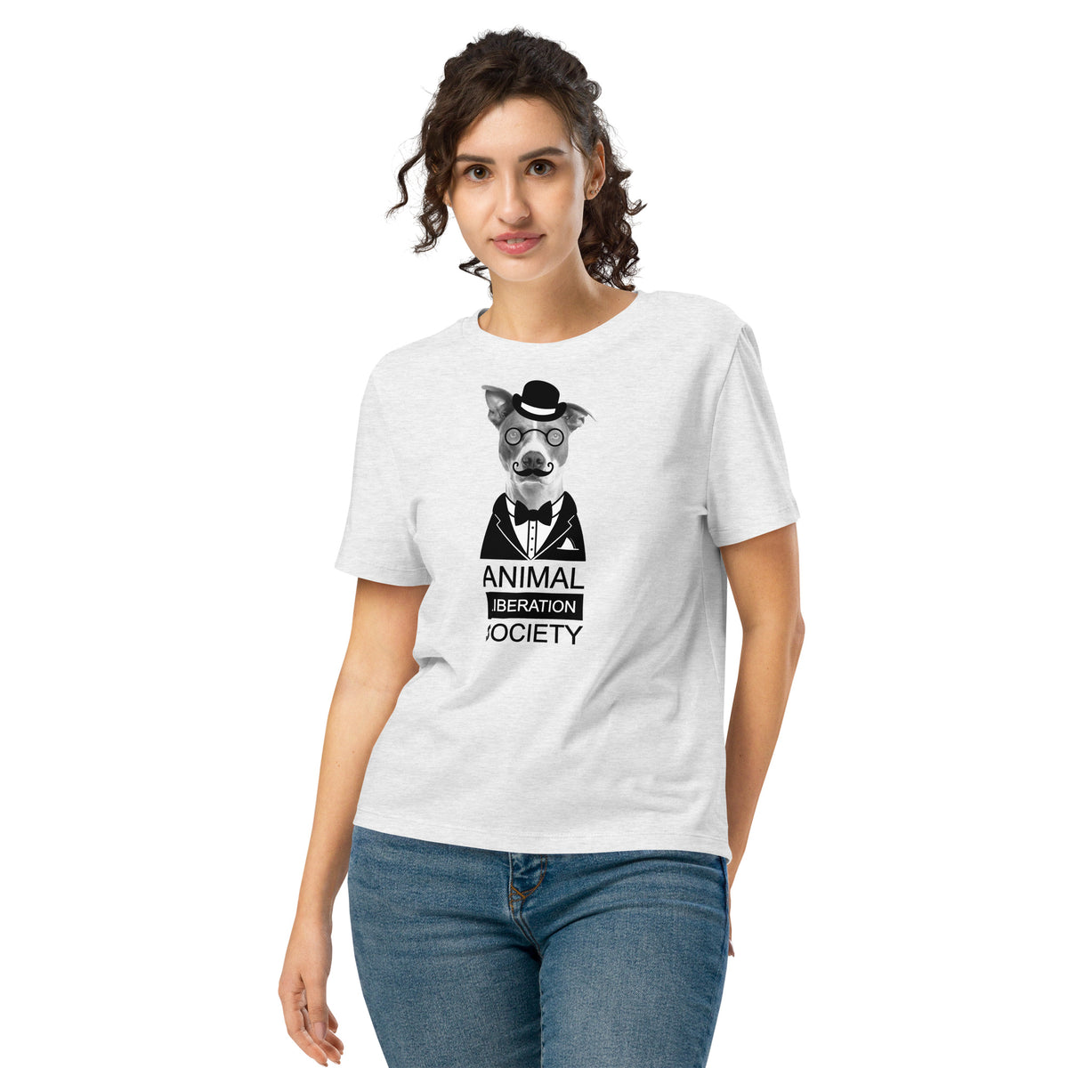 Damen T‑Shirt in hellem Grau mit Rundhalsausschnitt und Frontdruck eines Tiers, kurzärmelig