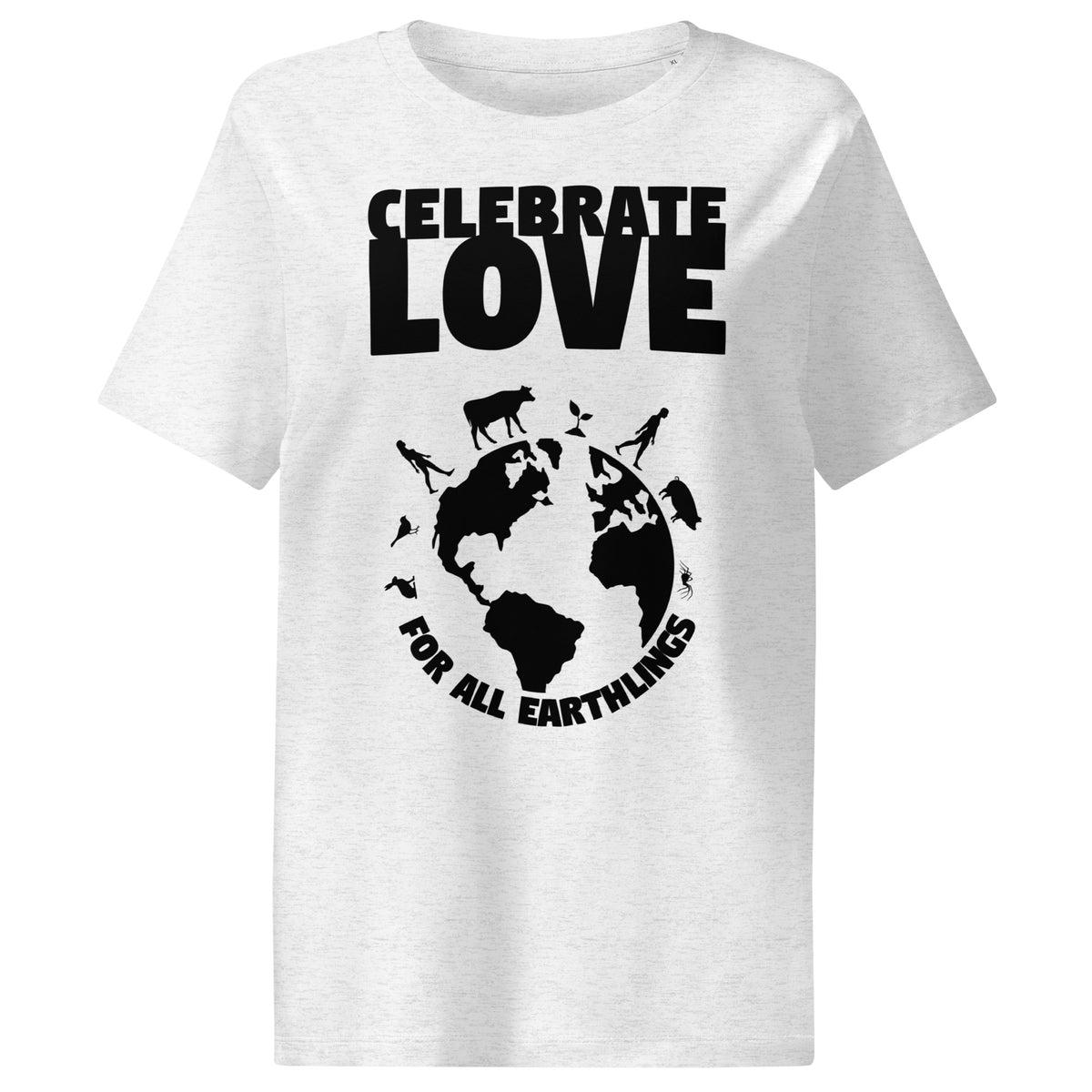 Damen-T-Shirt in hellem Grau mit „CELEBRATE LOVE“-Weltmotiv, Rundhalsausschnitt