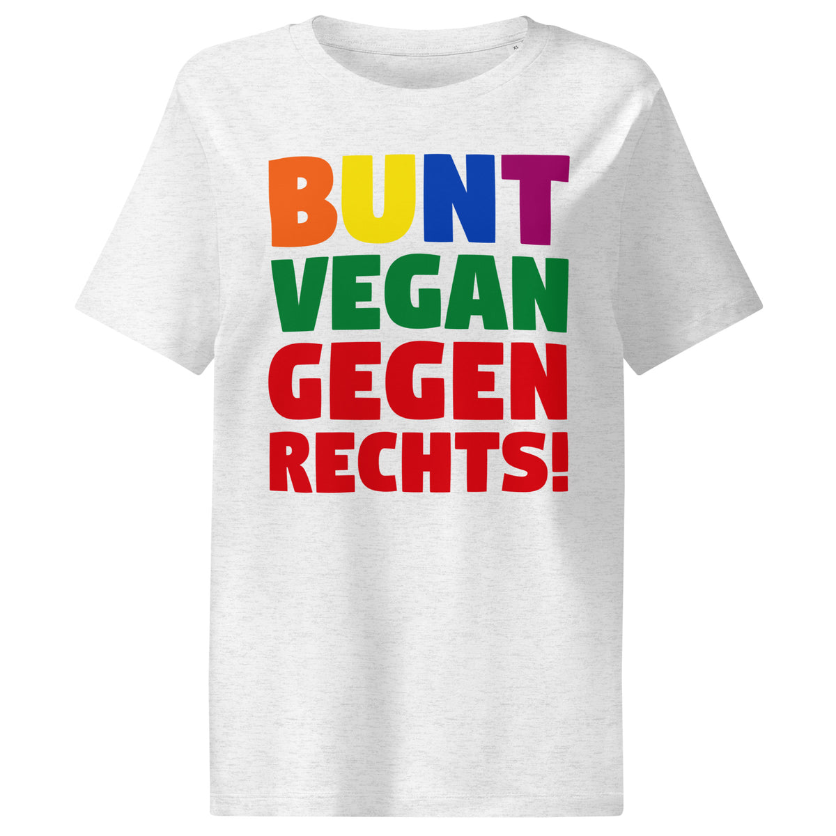 Damen-T-Shirt hell mit großem Aufdruck „BUNT VEGAN GEGEN RECHTS!“