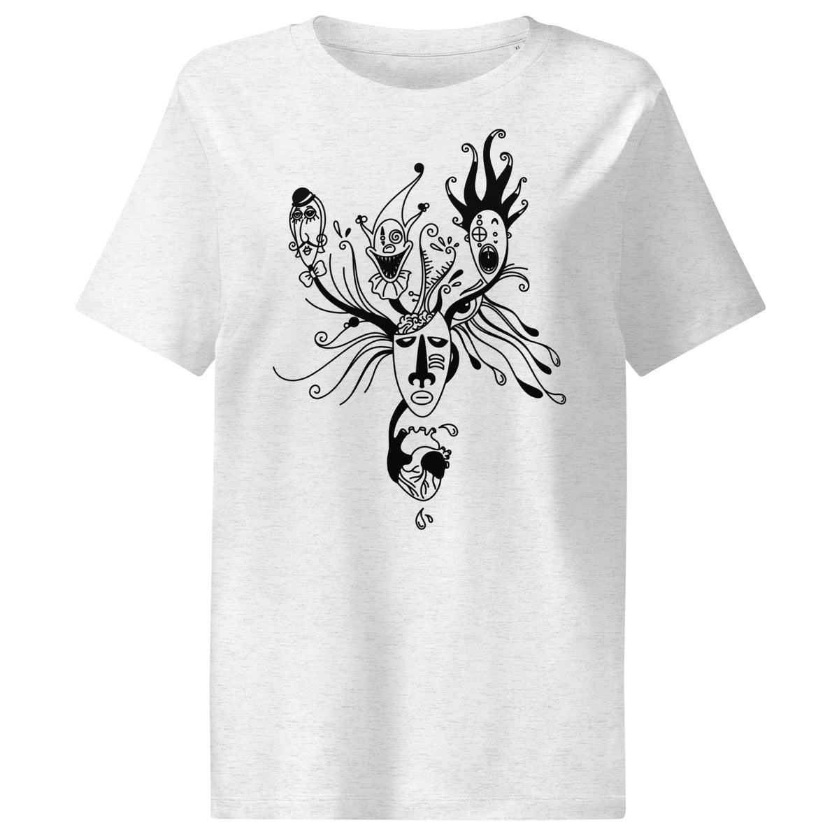 Hellgraues Damen-T-Shirt mit schwarzem Masken-Illustrationsmotiv auf der Brust