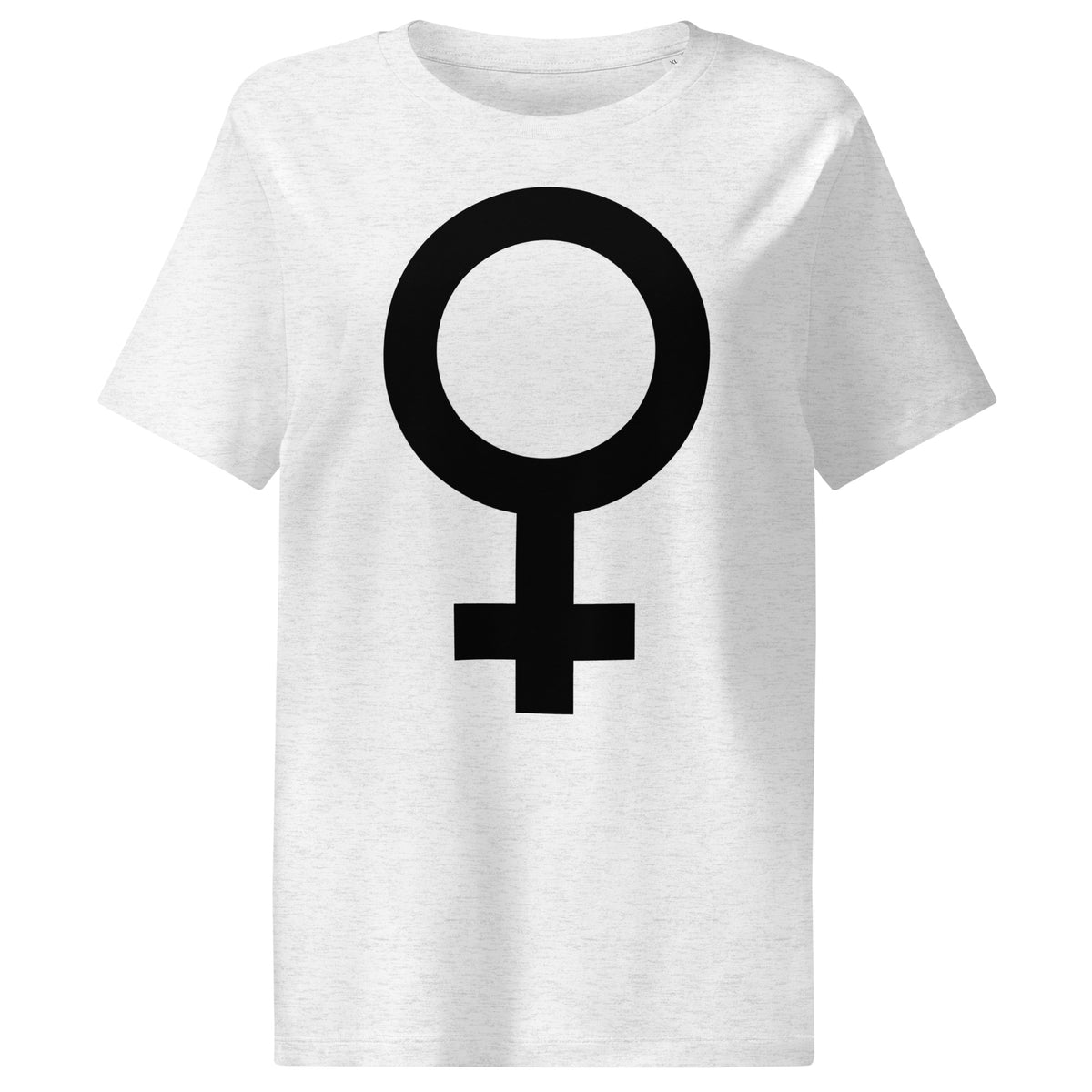 Damen-T-Shirt hellgrau meliert mit schwarzem Kreis-und-Symbolmotiv auf der Vorderseite