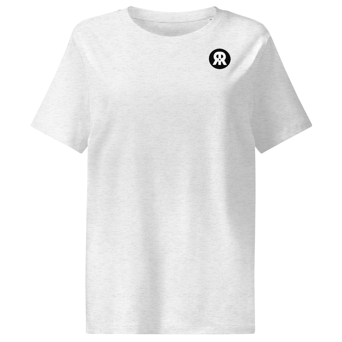 Hellgraues meliertes Damen-T-Shirt mit Rundhalsausschnitt, kurzen Ärmeln und kleinem schwarzem Brustdruck