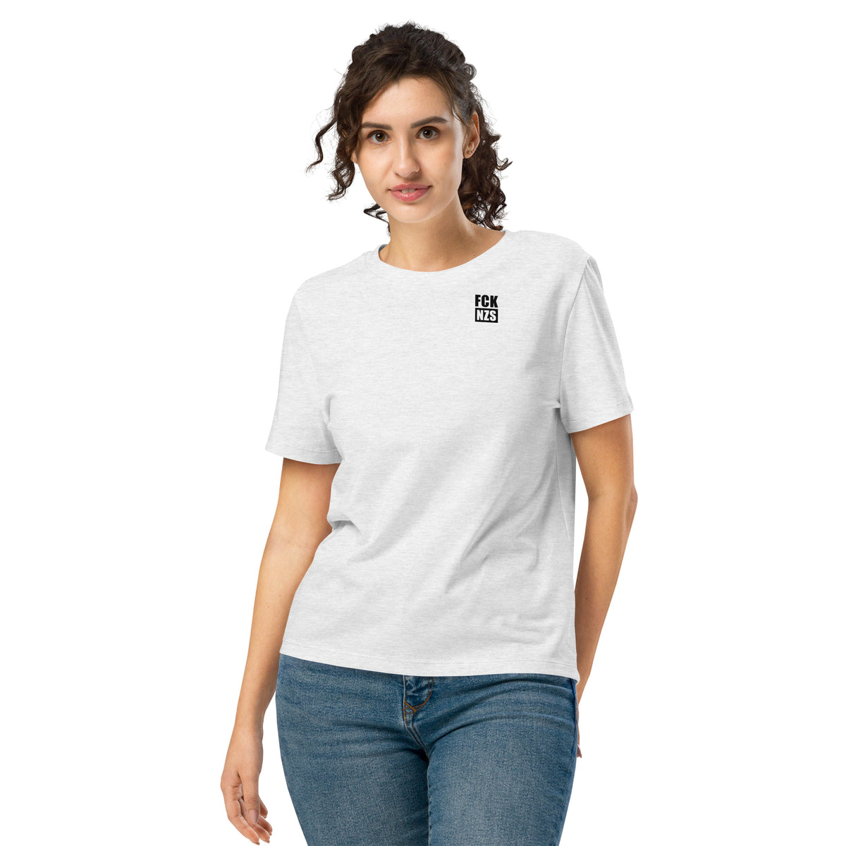 Damen-T-Shirt in meliertem Grau mit „FCK NZS“-Aufdruck auf der Brust