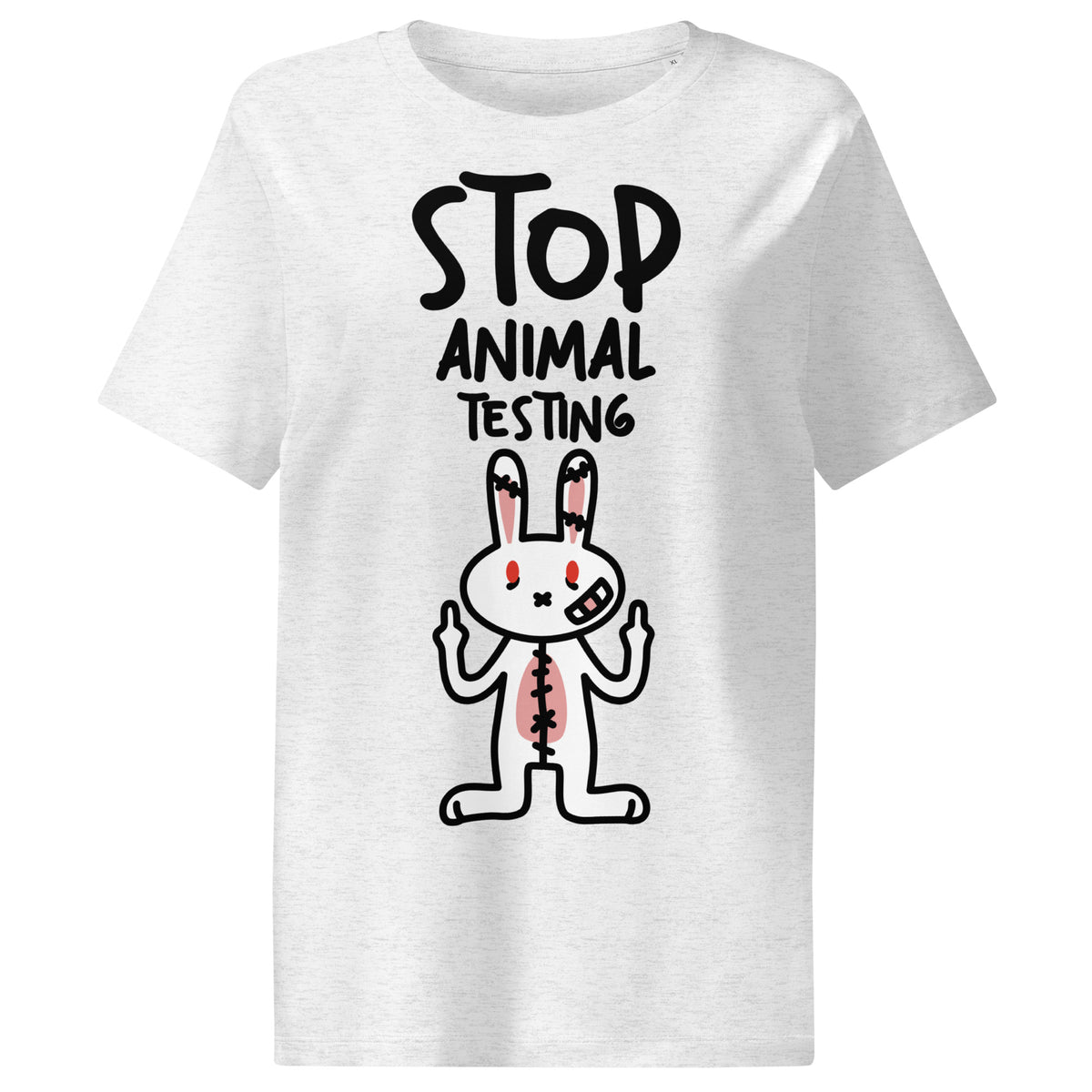 Damen-T-Shirt in hellem Grau meliert mit Aufdruck „STOP ANIMAL TESTING“ und Hase