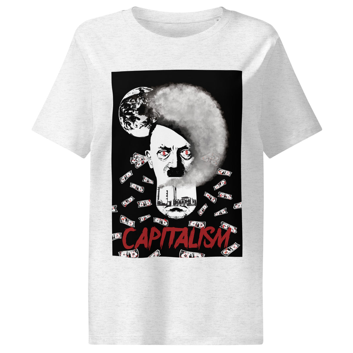 Damen-T-Shirt in Hellgrau meliert mit Frontaufdruck „CAPITALISM“ und Porträtgrafik