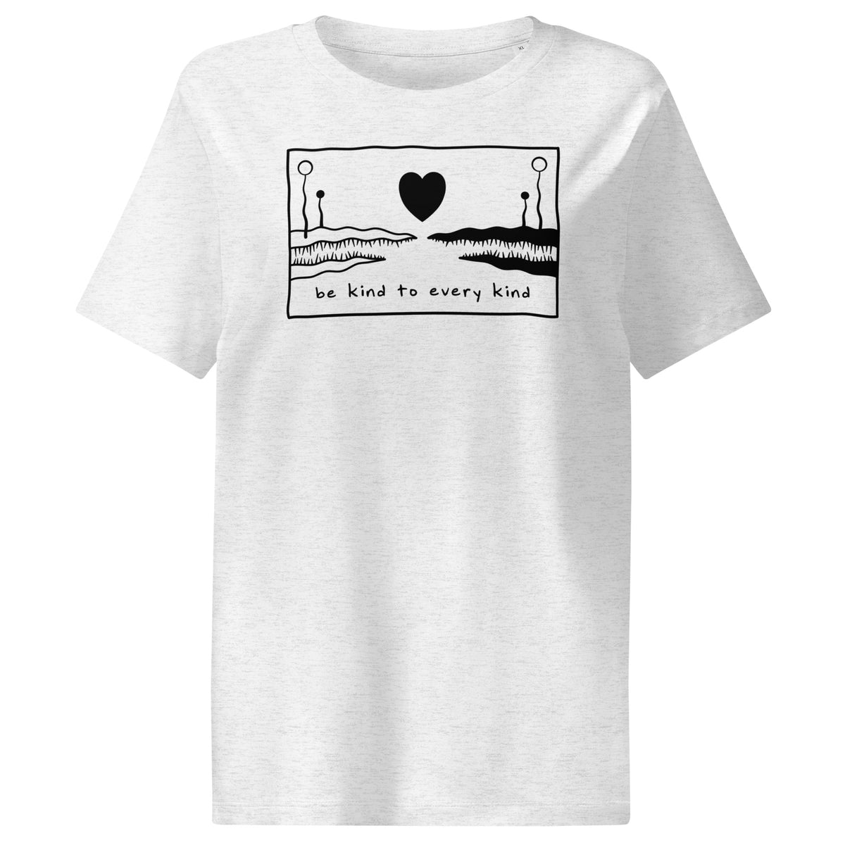 Damen-T-Shirt in hellem Grau mit Frontmotiv und Schriftzug „Be kind to every kind“