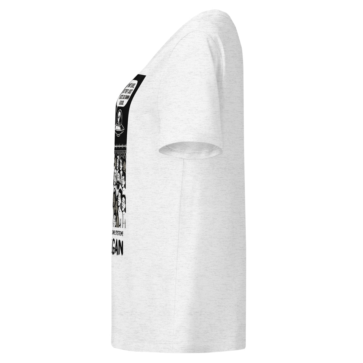 Damen-T-Shirt, hellgrau, seitliche Ansicht mit Alien-Grafik am Ärmel/Brust