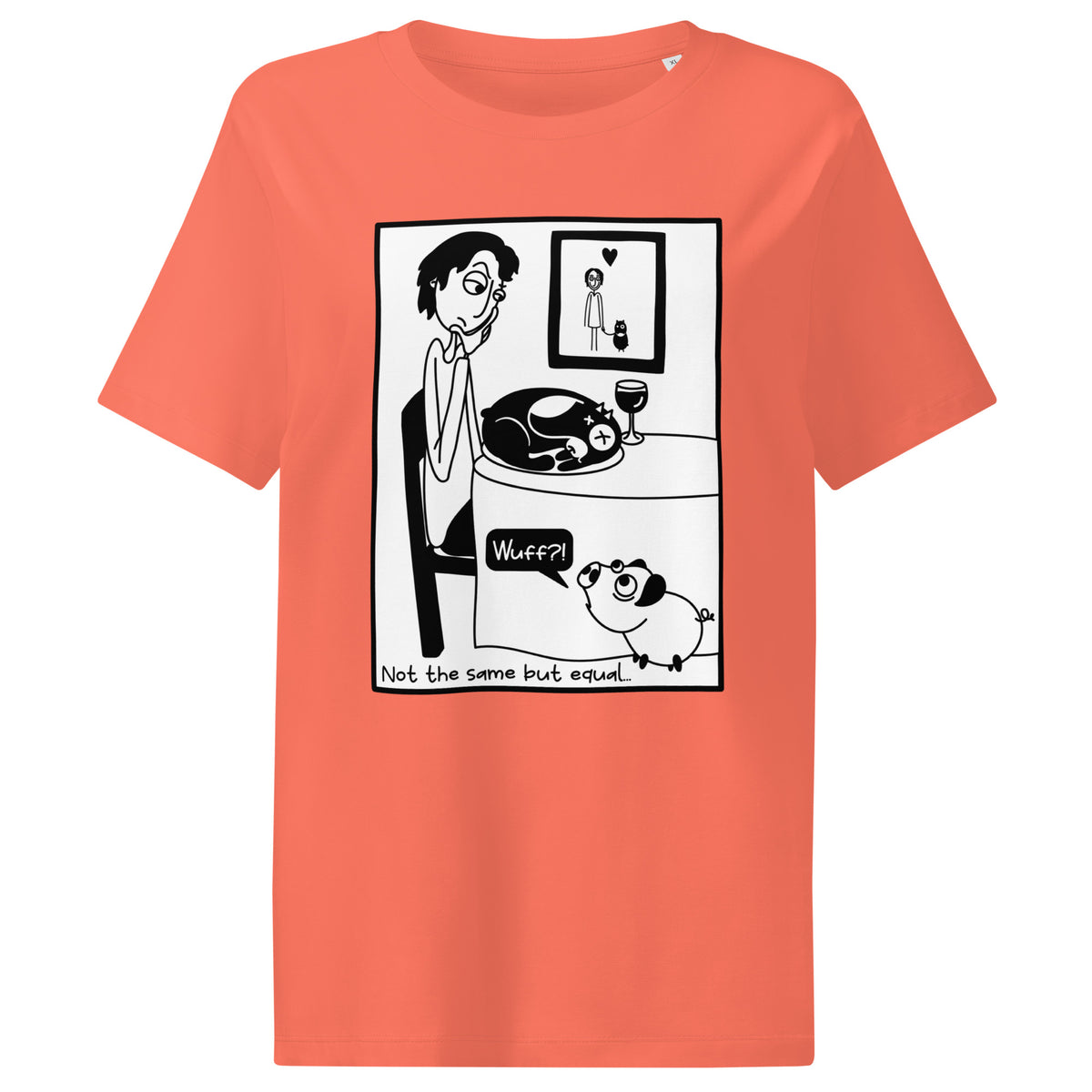 Damen-T-Shirt Korall mit großem Comic-Motiv „Nicht the same but equal“.