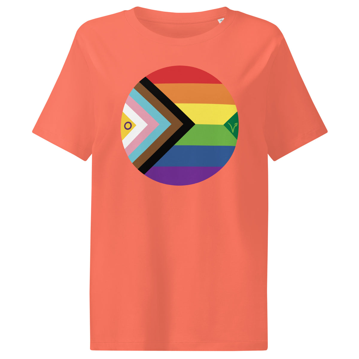 Veganes Bio Damen-T-Shirt, korall, mit großem rundem Regenbogen-Brustmotiv