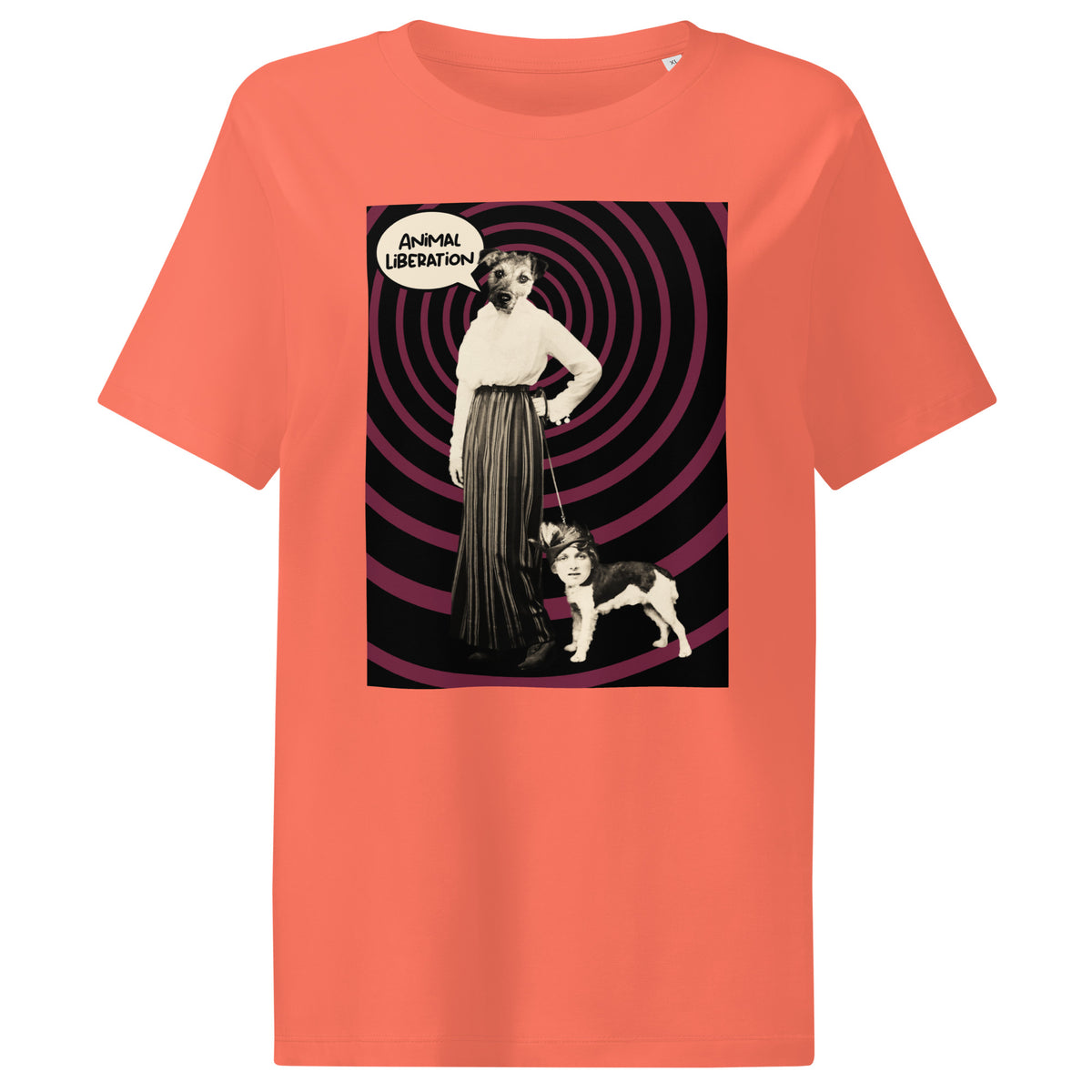 Damen-T-Shirt Fiesta orange mit großem Print „Animal Liberation“ (Hund & Figur)