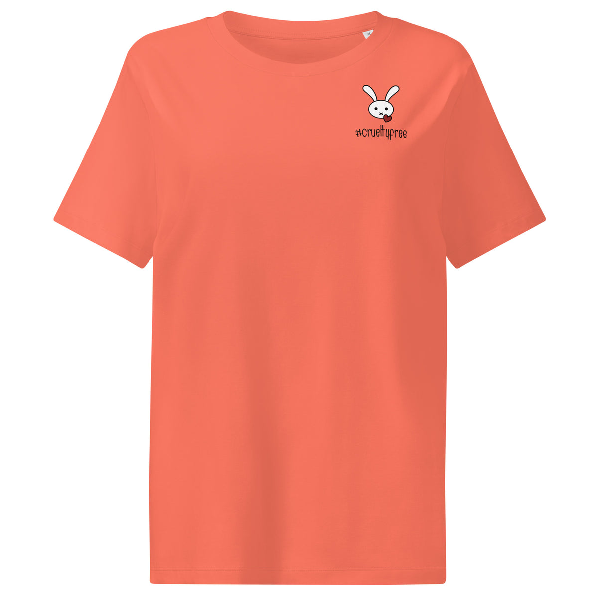 Korallenrotes Damen-T-Shirt mit rundem Ausschnitt, Hasenmotiv und #createfree-Print