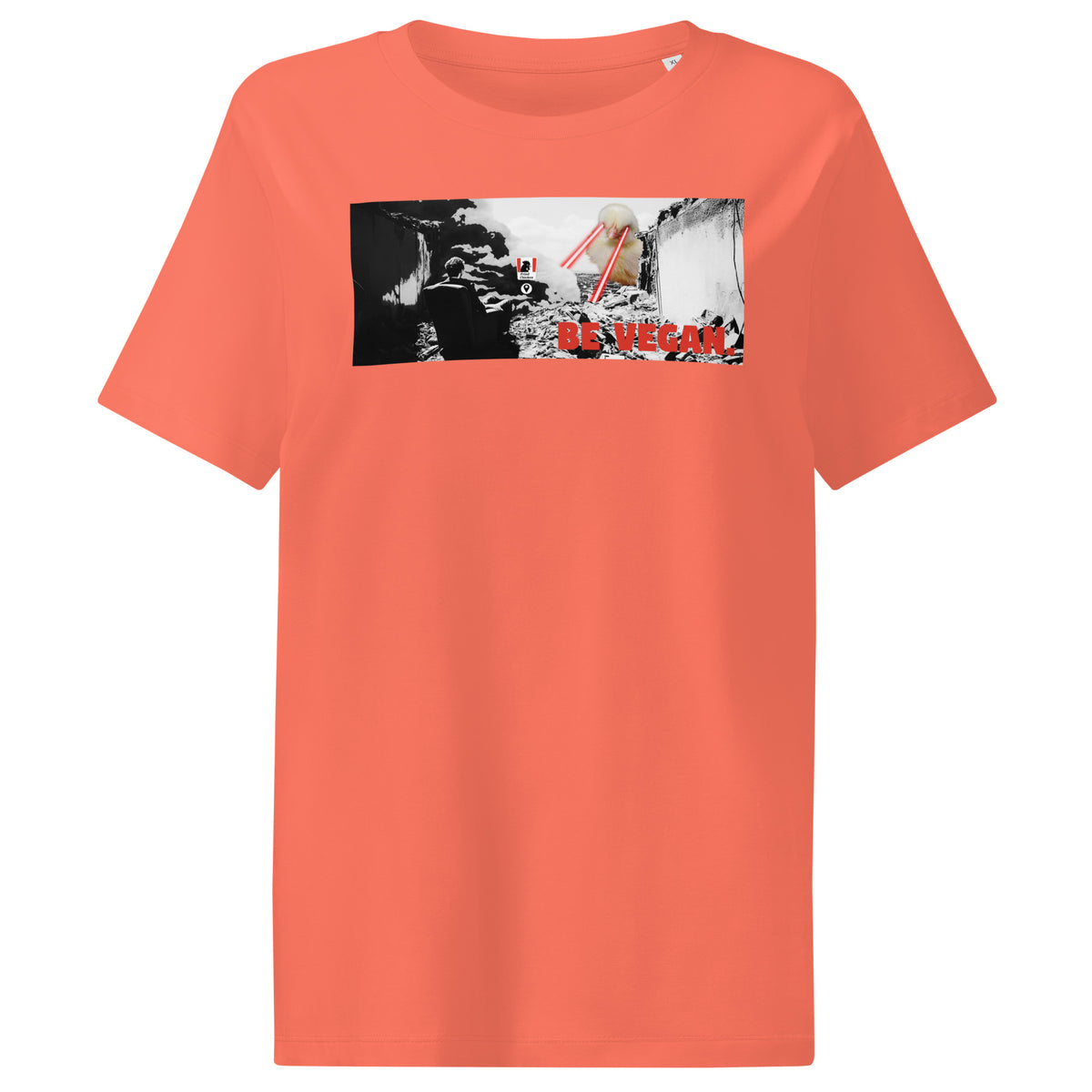 Damen-T-Shirt in Korallorange mit großem Frontprint „BE VEGAN“ im Rechteckmotiv