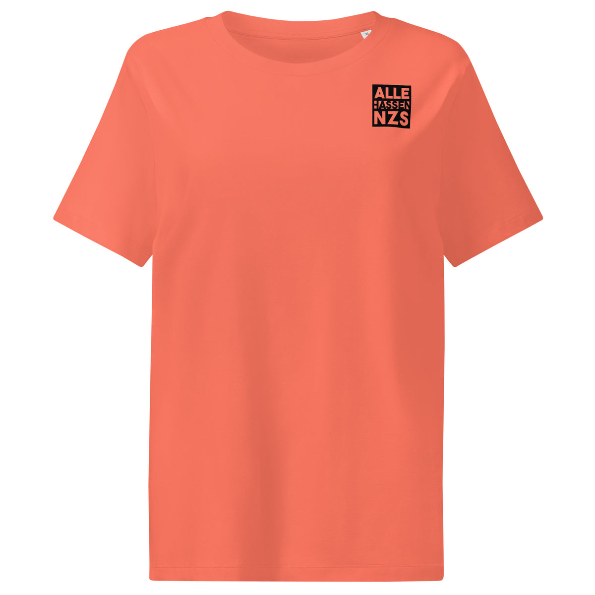 Veganes Bio Damen-T-Shirt, korallenfarben, mit Brustprint „ALLE HASSEN NZS“