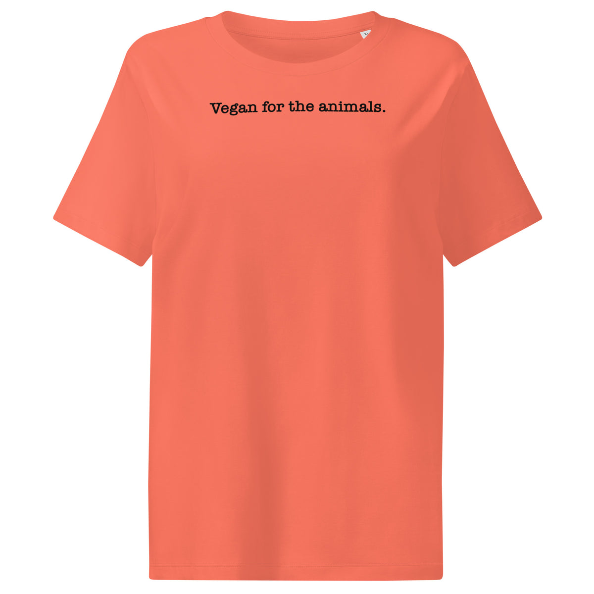 Damen-T-Shirt, korallrot, Rundhalsausschnitt, kurzer Ärmel, Aufdruck „Vegan for the animals.“