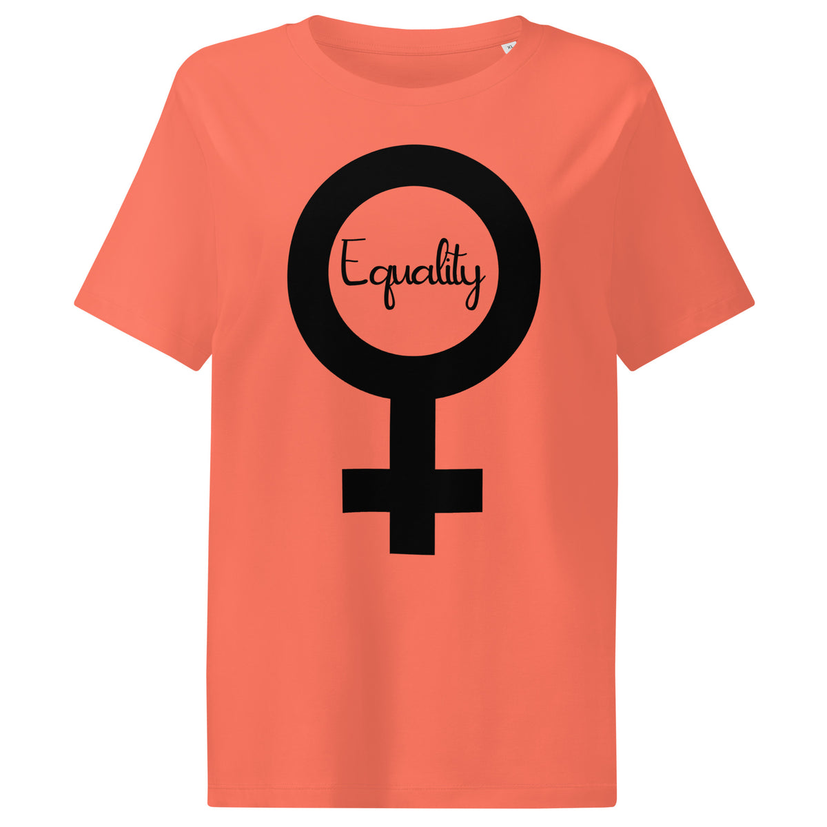 Korallfarbenes Damen-T-Shirt mit großem schwarzen Symbol und Schriftzug „Equality“