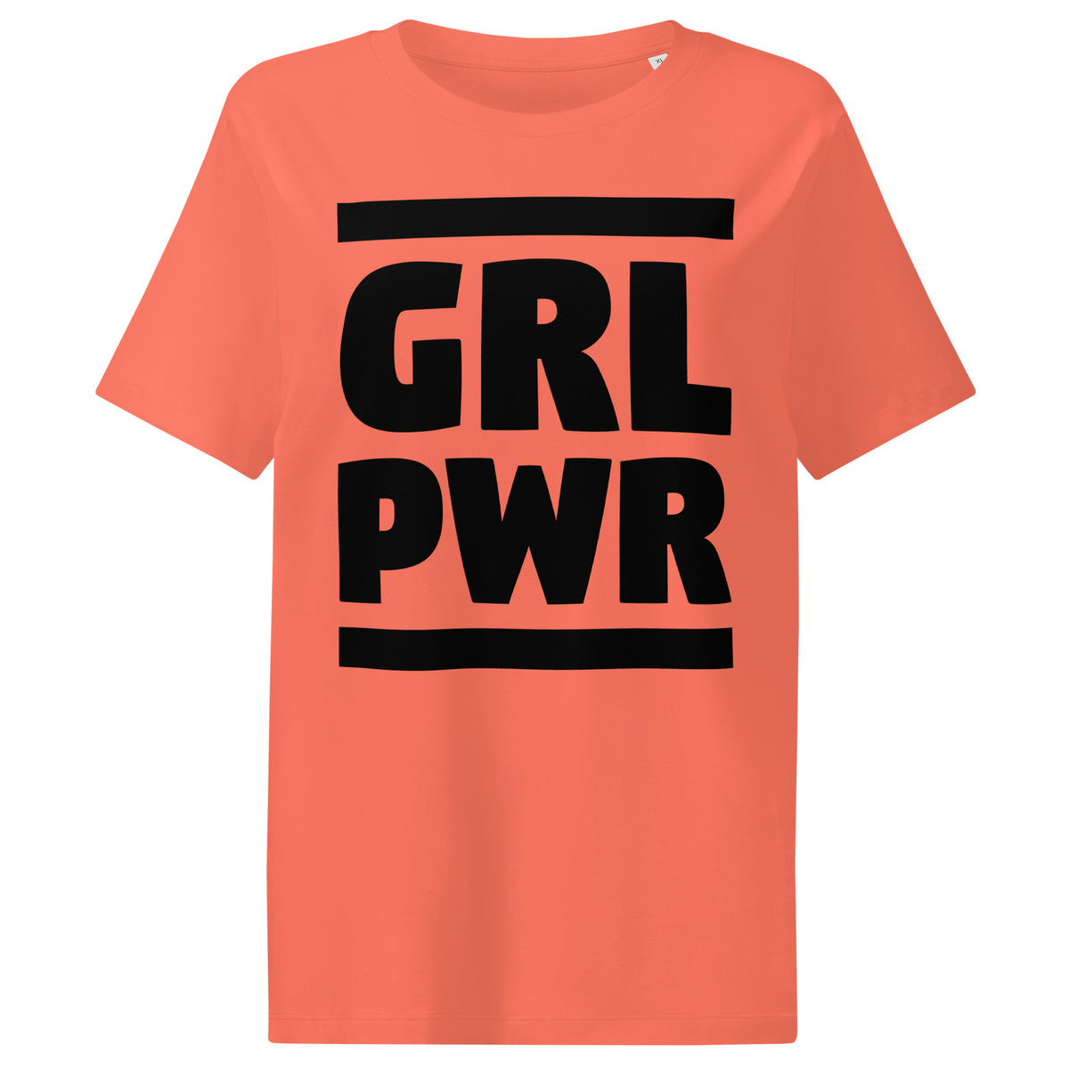 Damen-T-Shirt in Koralle mit großem „GRL PWR“-Schriftzug auf der Vorderseite