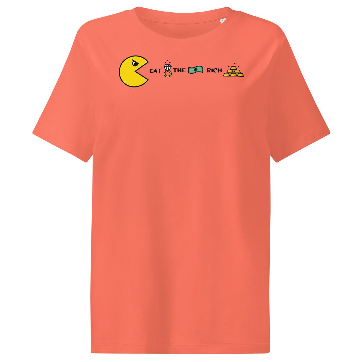 Damen-T-Shirt, korallfarben, Frontprint mit PAC Man und „EAT THE RICH“