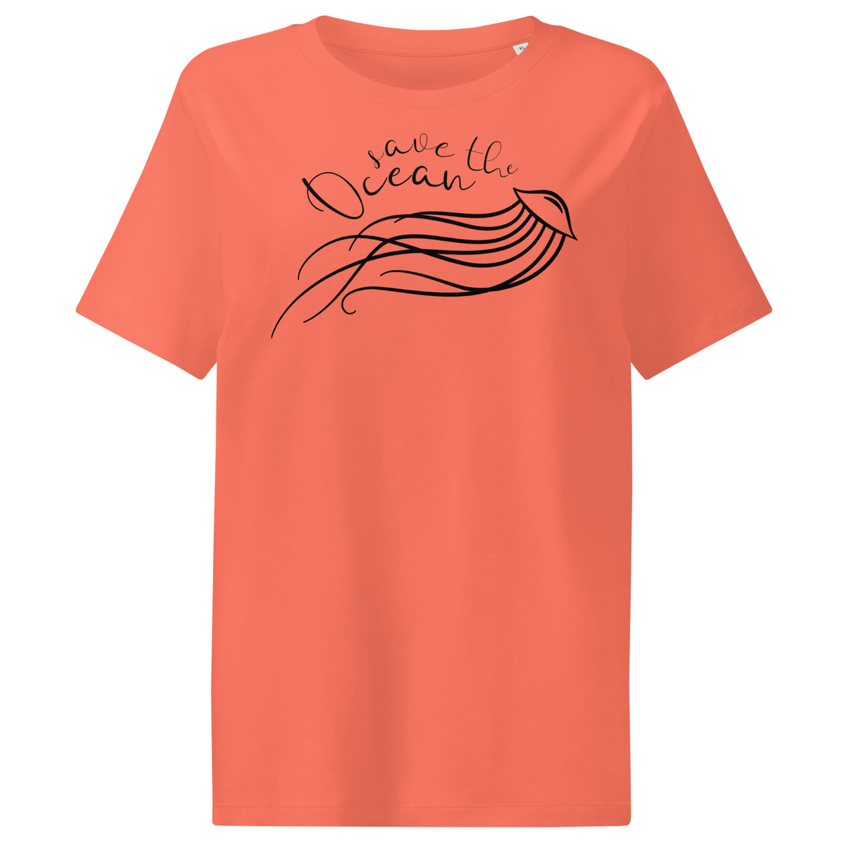 Damen-T-Shirt, korallfarben, mit schwarzem Quallen- und Ozean-Motiv