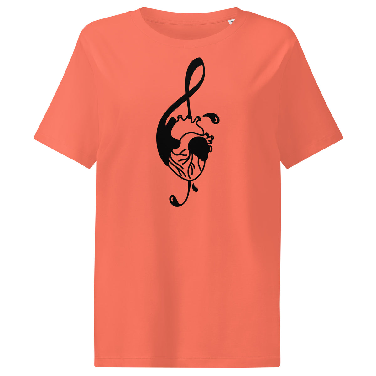Korallenfarbenes Damen-T-Shirt mit schwarzem Musiknoten-Katzenkopf-Print