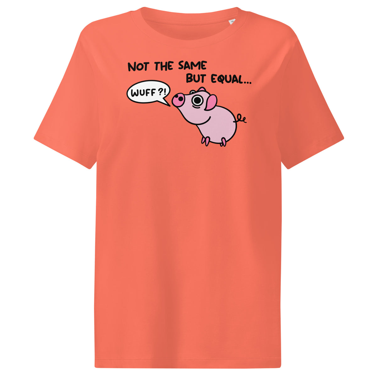 Orangefarbenes Damen-T-Shirt mit Rundhalsausschnitt und Ferkel-Comic-Print auf der Brust