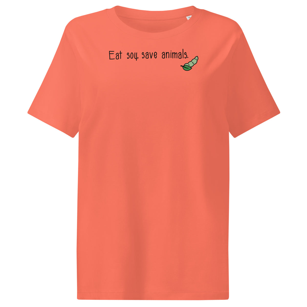 Korallenrotes Damen-T-Shirt mit Aufdruck „Eat soy, save animals“ und grünem Schildkröten-Icon