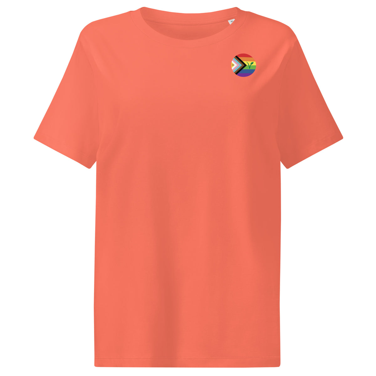 Damen-T-Shirt aus Baumwolle, korallenrot, Rundhalsausschnitt, kleiner Brustaufdruck