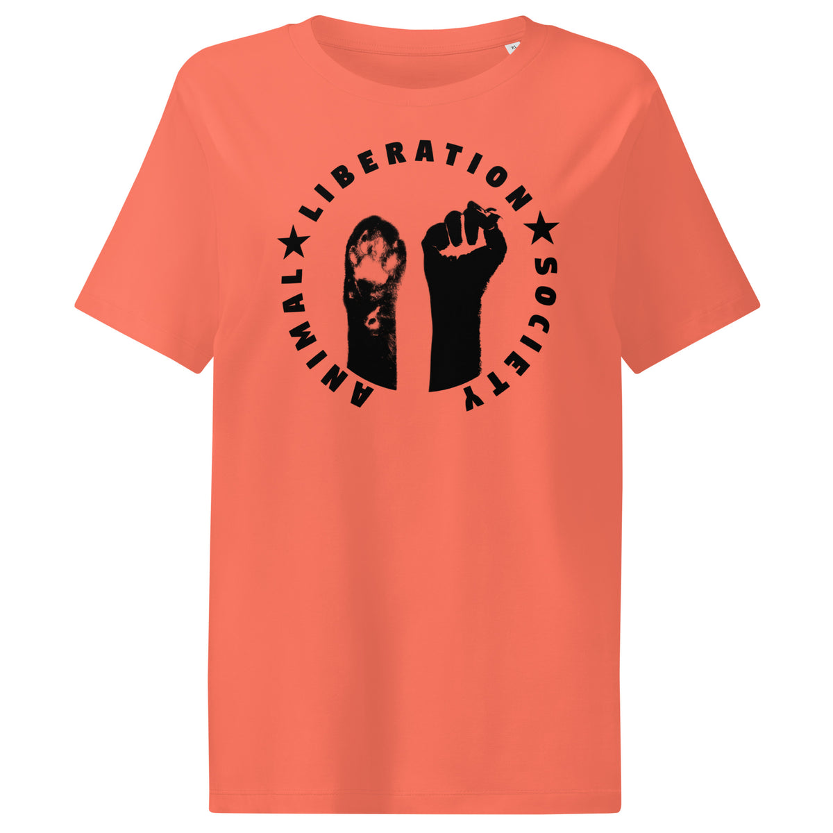 Korallenrotes Damen-T-Shirt mit Tier- und Fäuste-Aufdruck im Kreis