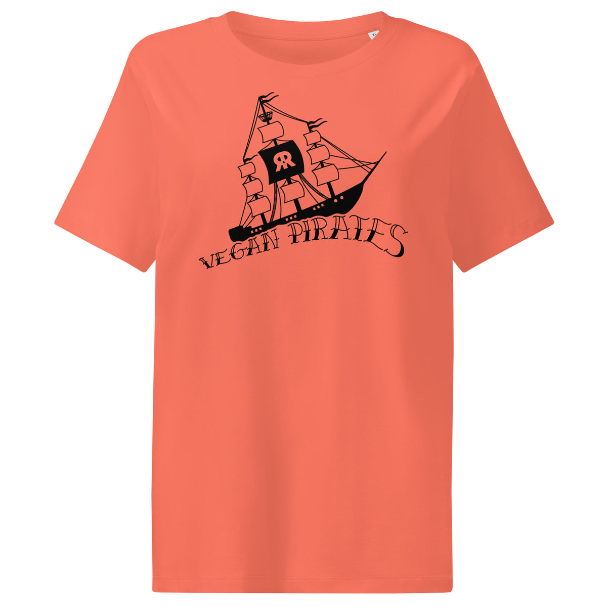 Korallfarbenes Damen-T-Shirt mit Piratengrafik und Schriftzug „Vegan Pirates“